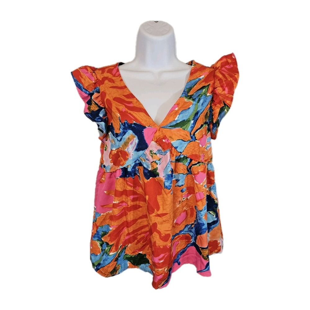 Womens Medium Top Orange Multicolor Abstract Floral Ruffle Sleeve Babydoll Flowy